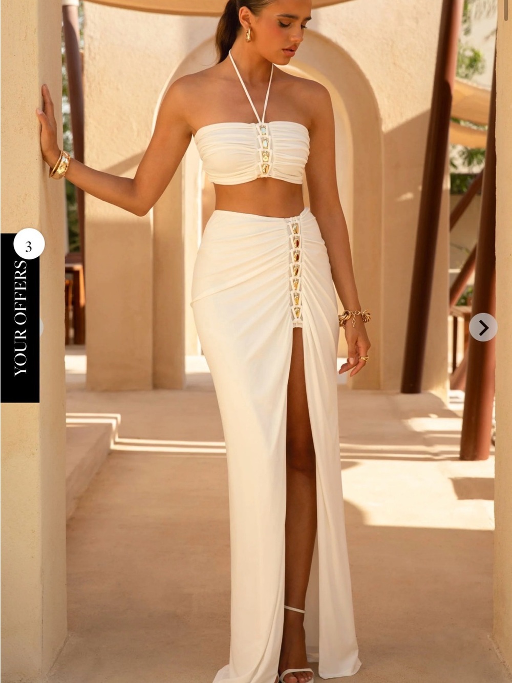 White High-Slit Ruched Maxi Skirt Set - Picture 2 of 3
